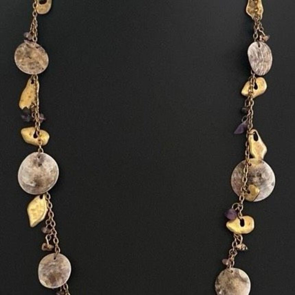 Coldwater Creek Statement Charm Necklace 30" Gold-tone Shells & Amethyst Charms - Picture 7 of 8